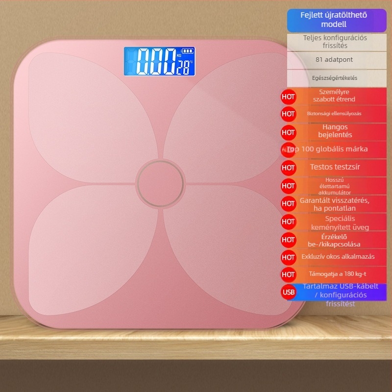 TCL 6039-SY Testzsírmérleg, teherbírás 180 kg, 3 hüvelykes LED kijelző, USB tápegység, testzsír és víz analízis, edzett üveg