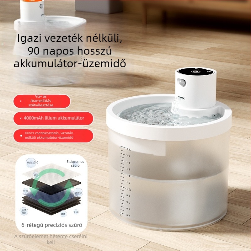 Nagy kapacitású vezeték nélküli macska víz adagoló automatikus körforgással, friss vízzel, hosszú üzemidő