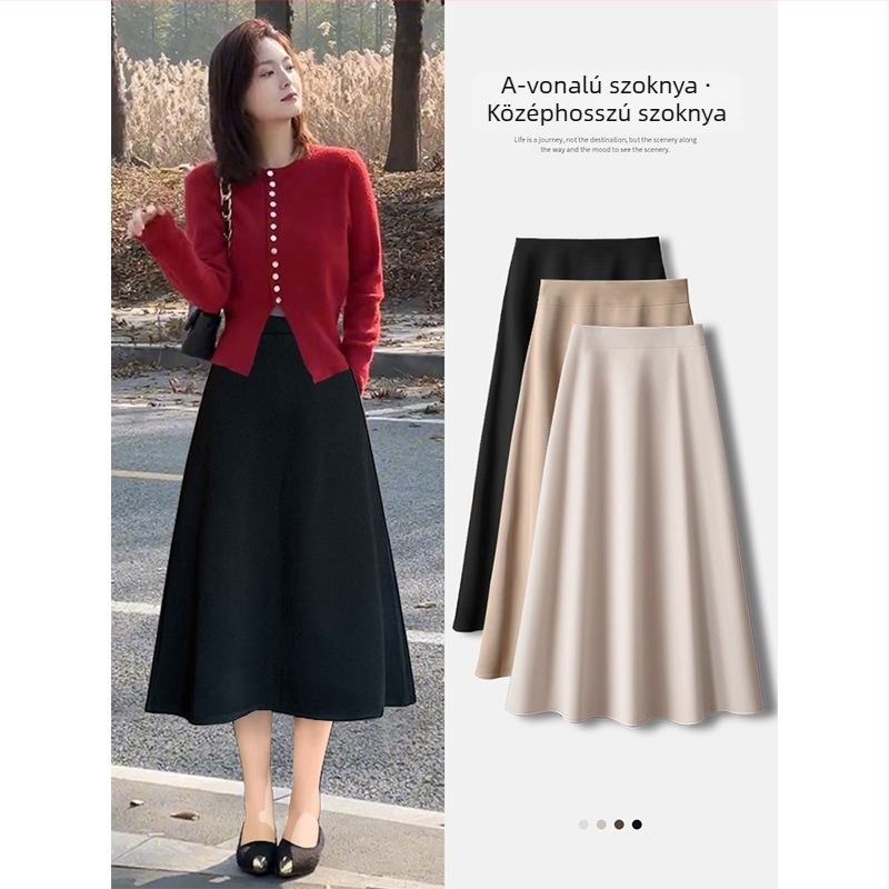 A-vonalú esernyőszoknya középméretű, magas derekú, gyapjú ruhaszövet, őszi 2025.