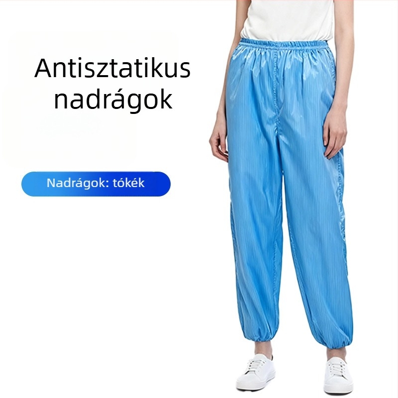 Kék Split-típusú anti-sztatikus laborruházat tiszta helyiségekhez – Poliészter vezető satin, 200 g, porálló, gyárban használható