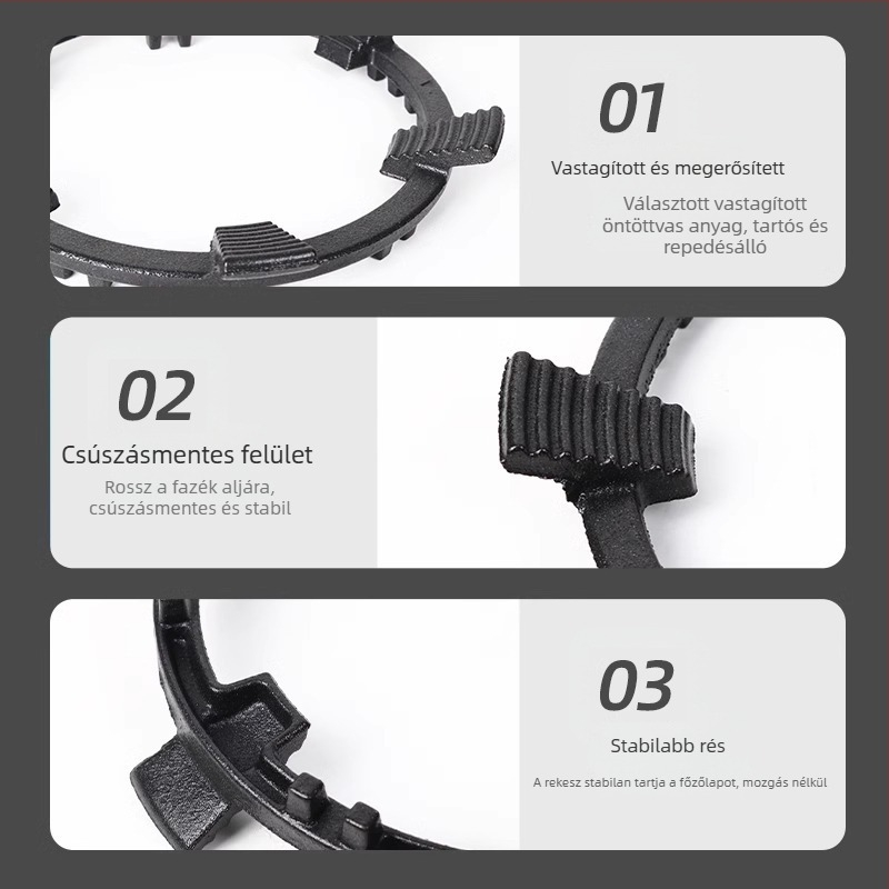 Gáztűzhelyhez tartó edények, univerzális, tej- és kis edények számára, négylábas vagy ötlábas kialakítás, alsó szerelés, nettó tömeg 780 g