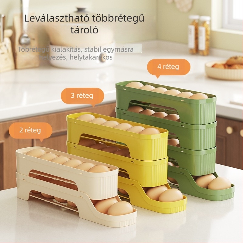 Húzórugós tojás tároló doboz a hűtő oldalajtójához, élelmiszer-minőségű műanyag, lefolyó tároló