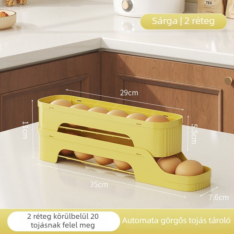 Húzórugós tojás tároló doboz a hűtő oldalajtójához, élelmiszer-minőségű műanyag, lefolyó tároló