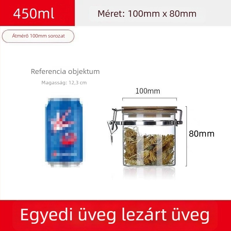 Csatos záródású boroszilikát üveg tároló, kör alakú forma, kapacitás alatt 300 ml, logó nyomtatott, testreszabható, mikrohullámú sütőhöz nem alkalmas