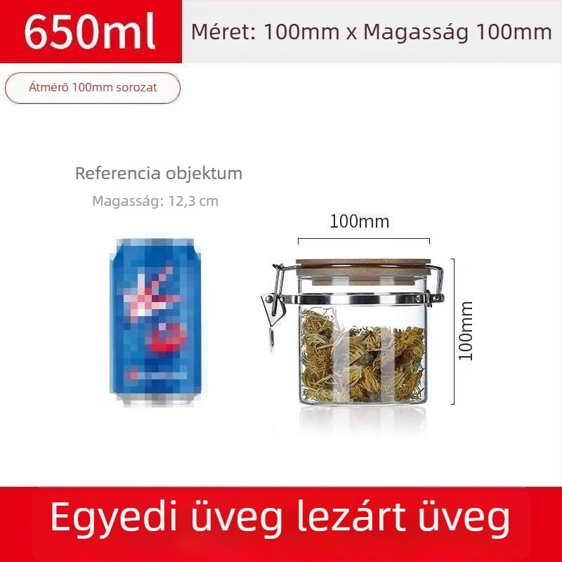 Csatos záródású boroszilikát üveg tároló, kör alakú forma, kapacitás alatt 300 ml, logó nyomtatott, testreszabható, mikrohullámú sütőhöz nem alkalmas