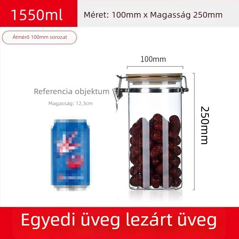 Csatos záródású boroszilikát üveg tároló, kör alakú forma, kapacitás alatt 300 ml, logó nyomtatott, testreszabható, mikrohullámú sütőhöz nem alkalmas