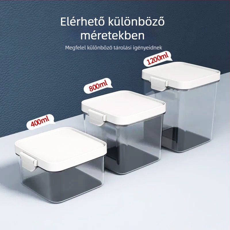 Műanyag élelmiszer-minőségű tárolóedény, négyzet alakú, 800–1000 ml, szorosan záródó, mikrohullámú sütőben használható