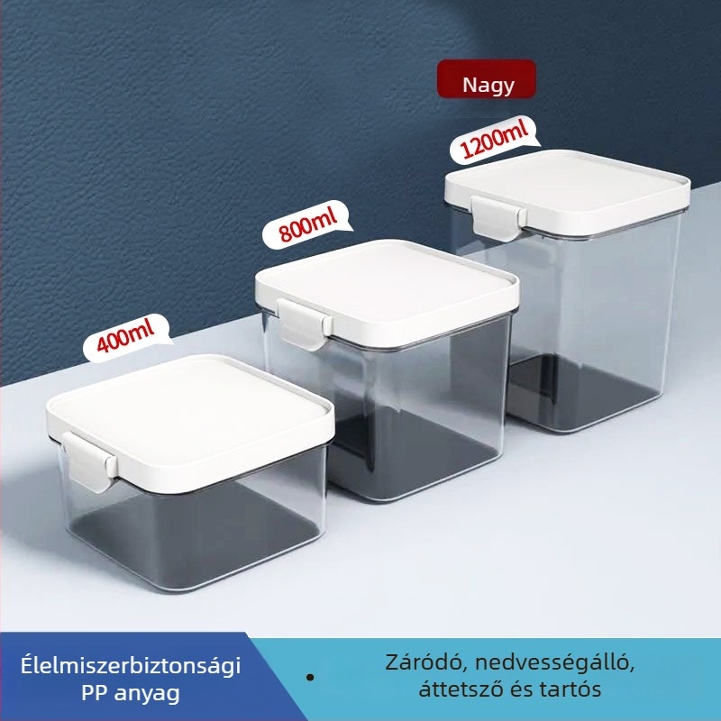 Műanyag élelmiszer-minőségű tárolóedény, négyzet alakú, 800–1000 ml, szorosan záródó, mikrohullámú sütőben használható