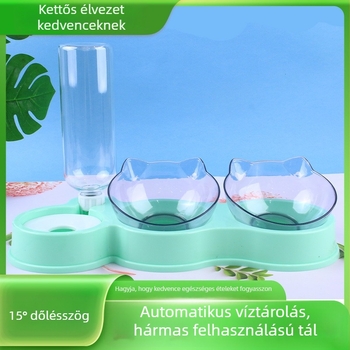 3-in-1 tál háziállatok számára, beépített automata vízforrás, anti-tipp kialakítás, nyakvédő, műanyag, macskák és kutyák számára