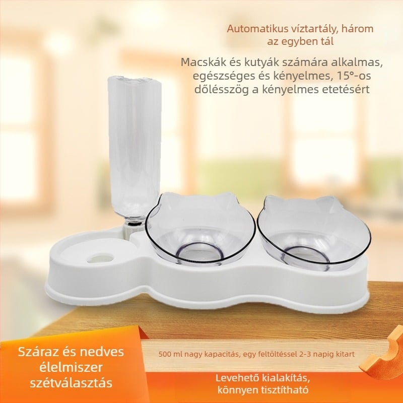 3-in-1 tál háziállatok számára, beépített automata vízforrás, anti-tipp kialakítás, nyakvédő, műanyag, macskák és kutyák számára