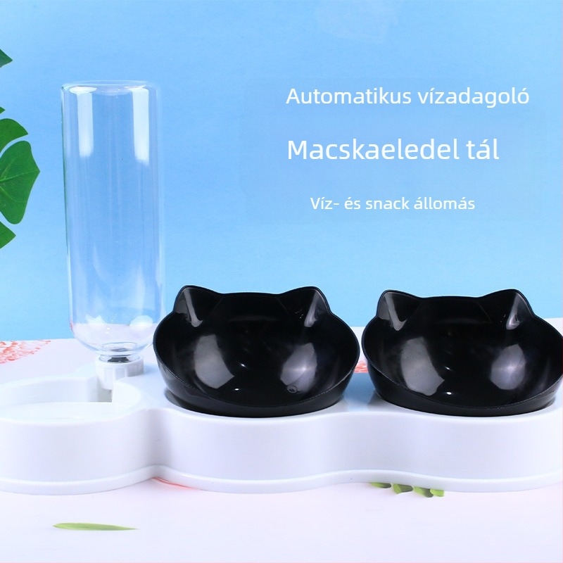 3-in-1 tál háziállatok számára, beépített automata vízforrás, anti-tipp kialakítás, nyakvédő, műanyag, macskák és kutyák számára