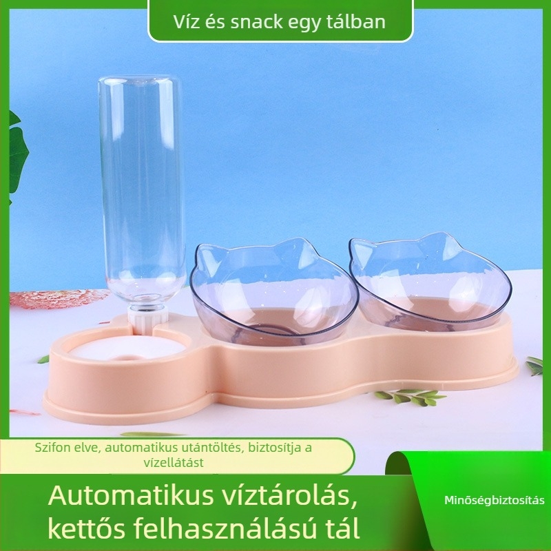 3-in-1 tál háziállatok számára, beépített automata vízforrás, anti-tipp kialakítás, nyakvédő, műanyag, macskák és kutyák számára