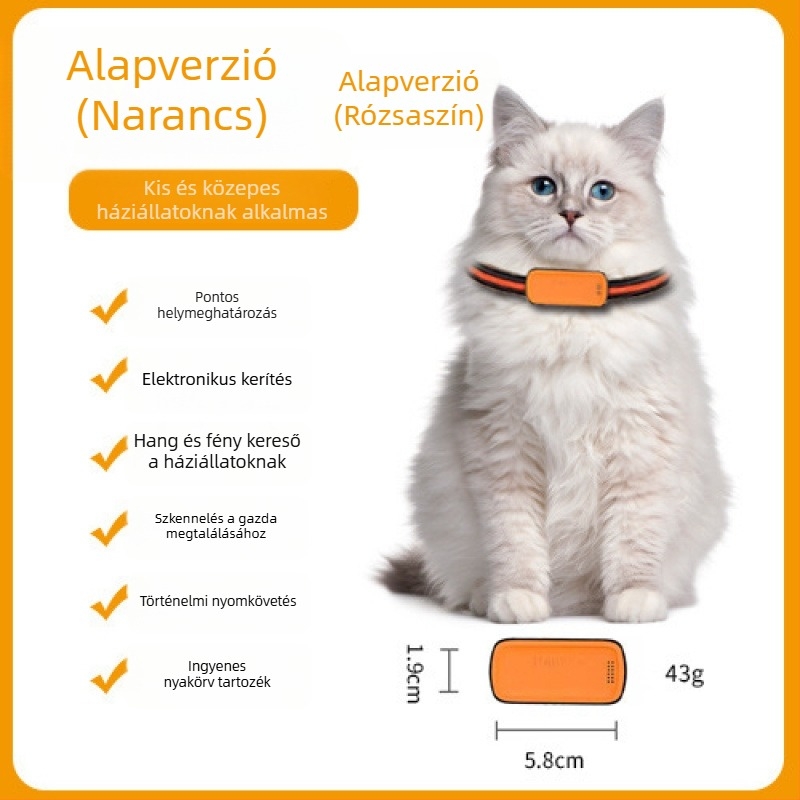 GPS háziállat-kereső macskáknak és kutyáknak, pontos pozicionálás, modell T05a, 1200mAh akkumulátor, ABS/PC ház, iOS-kompatibilis