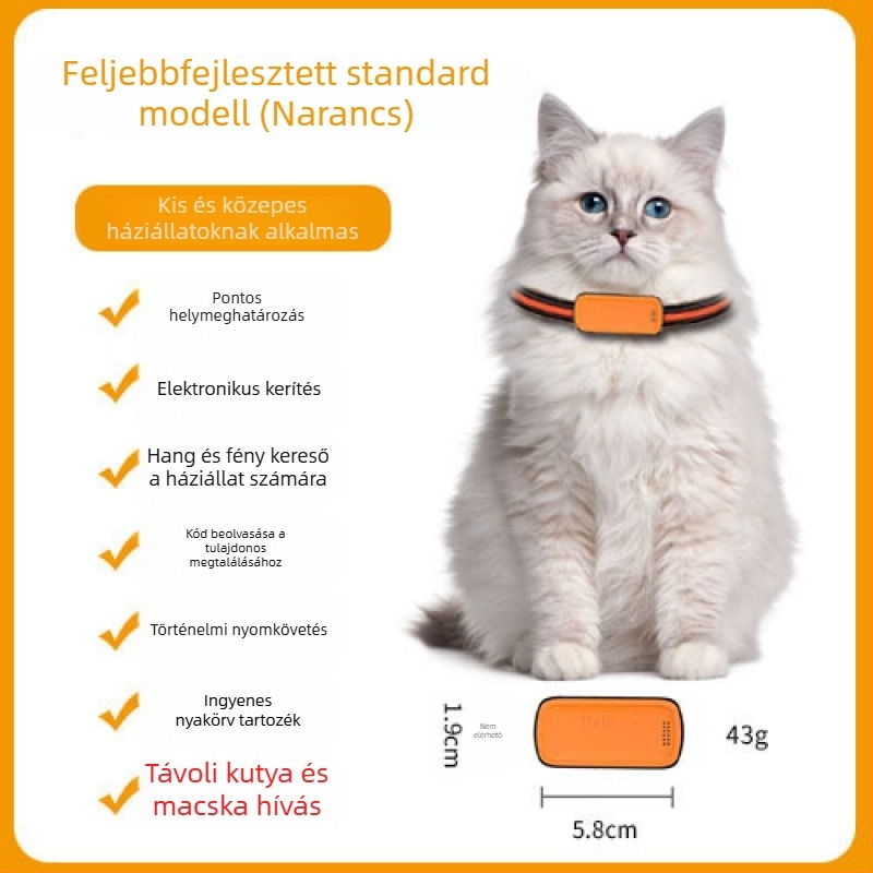 GPS háziállat-kereső macskáknak és kutyáknak, pontos pozicionálás, modell T05a, 1200mAh akkumulátor, ABS/PC ház, iOS-kompatibilis