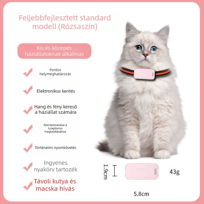 GPS háziállat-kereső macskáknak és kutyáknak, pontos pozicionálás, modell T05a, 1200mAh akkumulátor, ABS/PC ház, iOS-kompatibilis