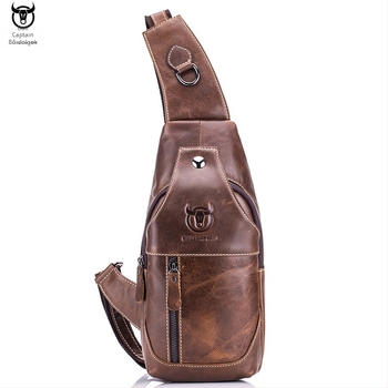 Férfi bőrből készült mellkas táska vállpánttal, európai–amerikai retro stílus, top grain tehénbőr, kopásálló, márka BULLCAPTAIN Leather Goods
