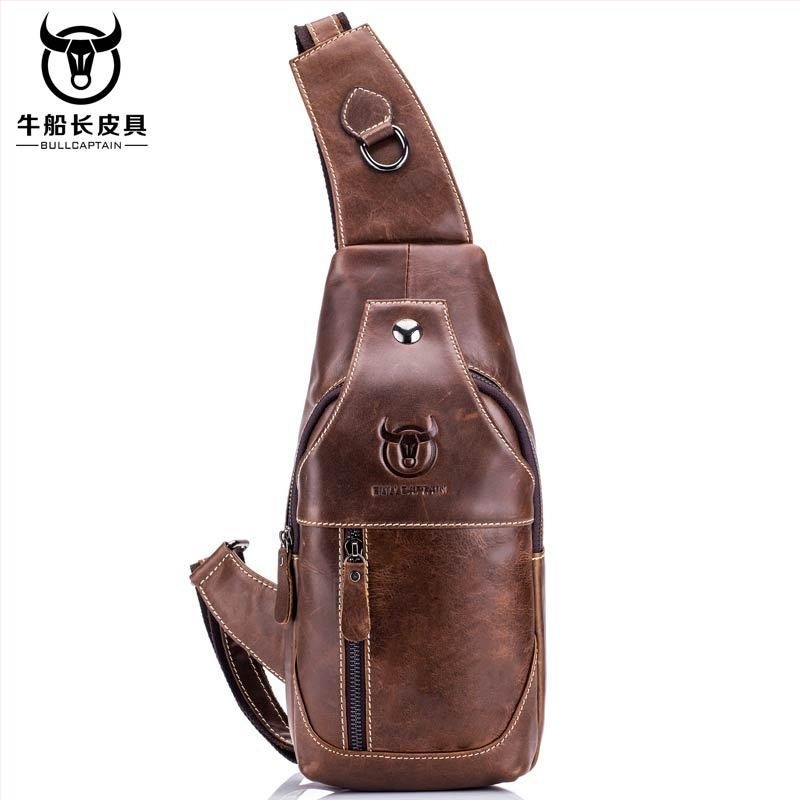 Férfi bőrből készült mellkas táska vállpánttal, európai–amerikai retro stílus, top grain tehénbőr, kopásálló, márka BULLCAPTAIN Leather Goods
