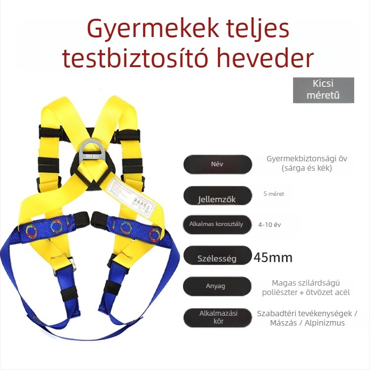 Gyermekek ötpontos teljes testű hegymászó hám – poliészter heveder és kötél, 100 kg teherbírás, különböző kötélhossz opciók, magasságbeli zuhanás elleni védelem