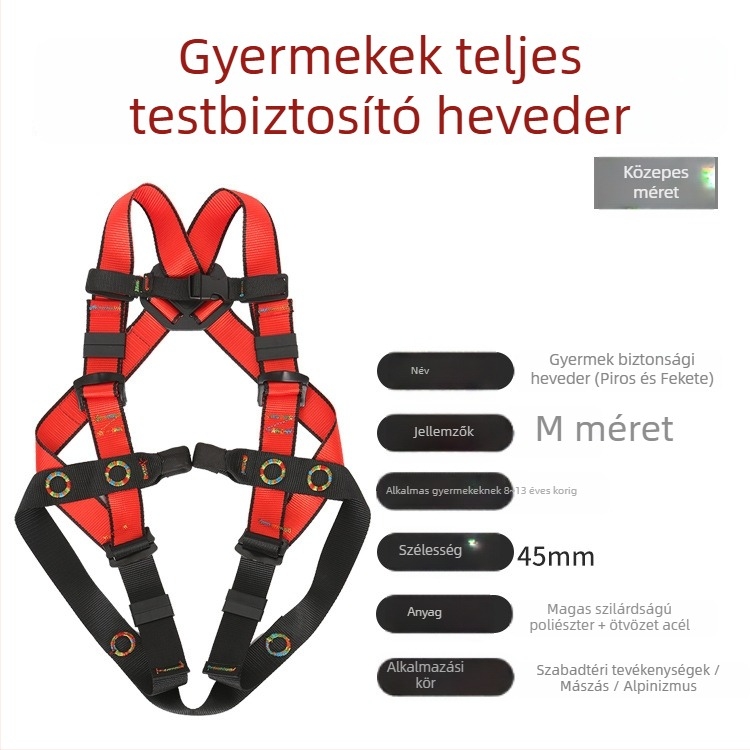 Gyermekek ötpontos teljes testű hegymászó hám – poliészter heveder és kötél, 100 kg teherbírás, különböző kötélhossz opciók, magasságbeli zuhanás elleni védelem