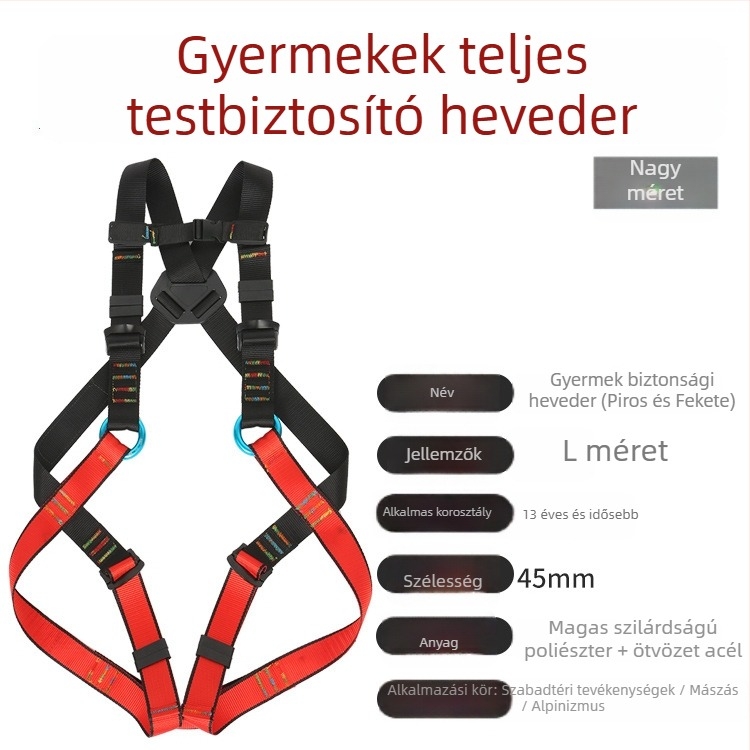 Gyermekek ötpontos teljes testű hegymászó hám – poliészter heveder és kötél, 100 kg teherbírás, különböző kötélhossz opciók, magasságbeli zuhanás elleni védelem