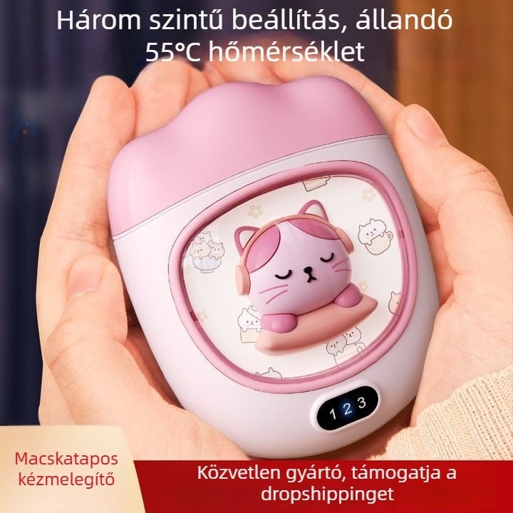 Kézmelegítő USB‑tápellátással, 5W, beépített 1000–1200 mAh akkumulátor, alumínium lemezen keresztüli hőelvezetés