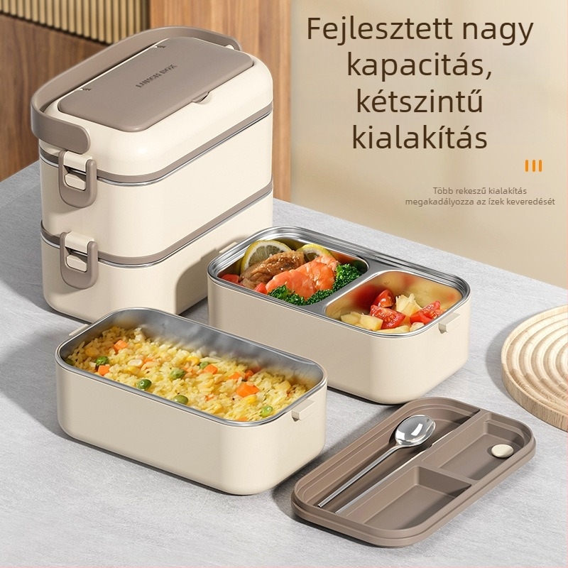 304 rozsdamentes acél ebédes doboz, mikrohullámú sütőben használható, hőszigetelt, több rétegű, téglalap alakú, osztott rekeszekkel, 5 L vagy több.