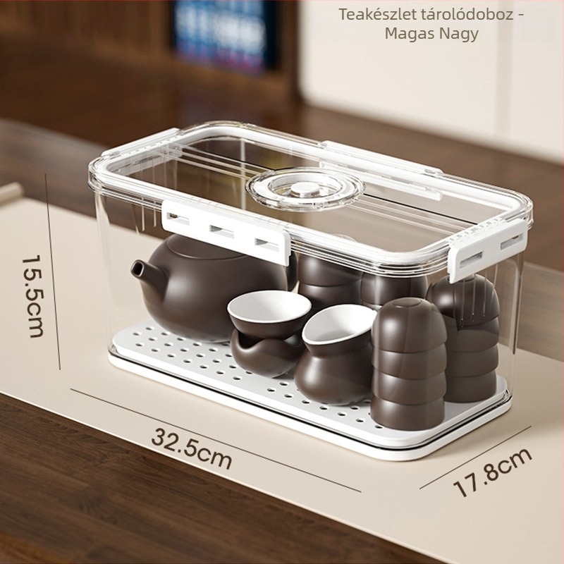 Tea készlet és teáscsésze tároló doboz fedéllel, porálló, vízcsésze rendező, modern PET műanyag, extra nagy