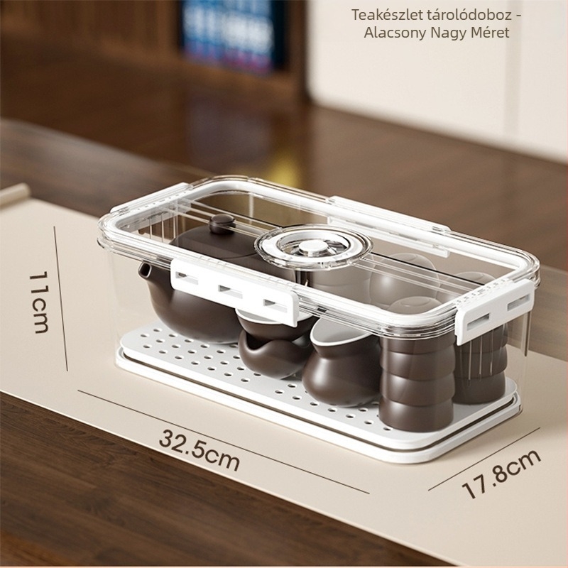 Tea készlet és teáscsésze tároló doboz fedéllel, porálló, vízcsésze rendező, modern PET műanyag, extra nagy