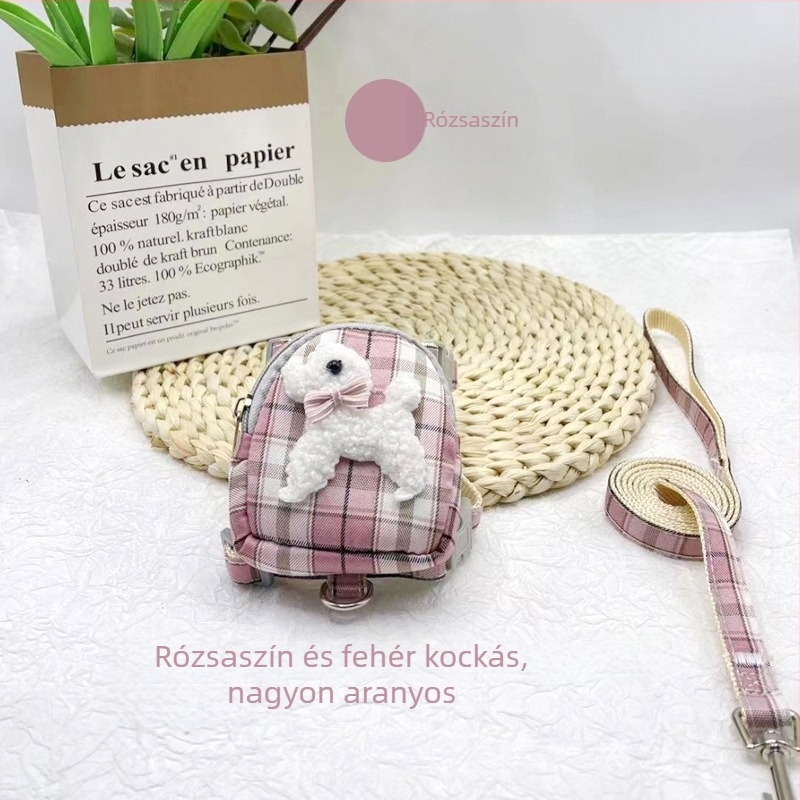 Kis méretű kutyáknak tervezett behúzható póráz hátizsákkal és jutalomfalat-tartóval, textil anyagból, Shen Chong Ju márka, 038 modell