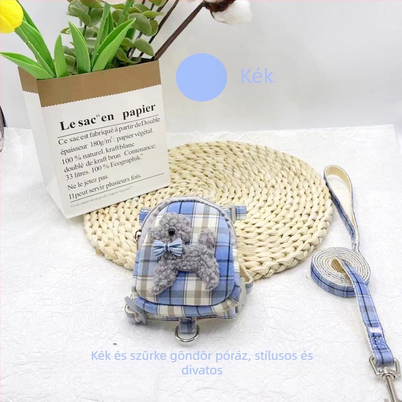 Kis méretű kutyáknak tervezett behúzható póráz hátizsákkal és jutalomfalat-tartóval, textil anyagból, Shen Chong Ju márka, 038 modell
