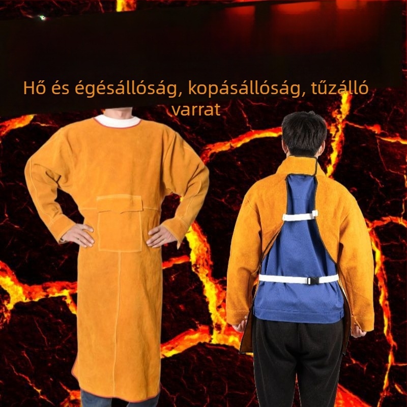 Tehénbőr hegesztő munkaruha, égésálló, magas hőmérséklet-állóság, sugárzás elleni védelem, argon ívhegesztéshez