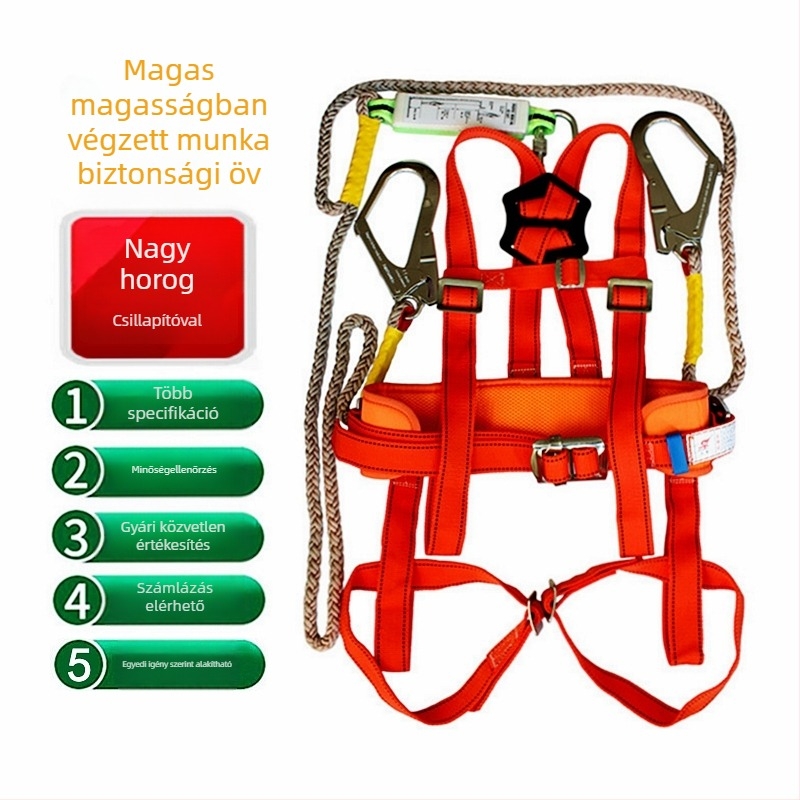 Teljes testvédő öv magaslaton végzett munkához, kettős vállövvel és ötpontos kötélrendszer; öv anyaga: nagy szilárdságú polipropilén/nylon