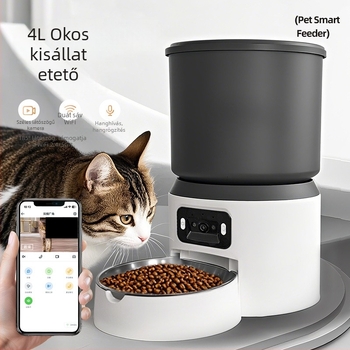 Okos automata etető macskáknak és kutyáknak, 4L kapacitás, időzített adagolás, távoli megfigyelés videóval és hanggal, kamera, alkalmazás