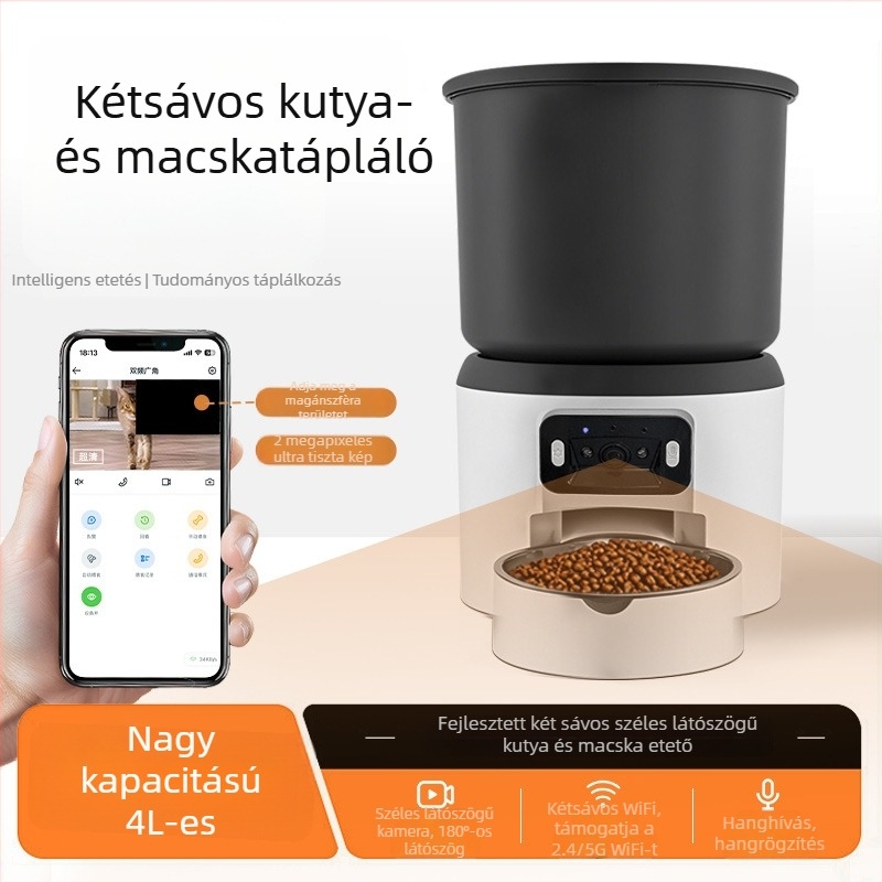 Okos automata etető macskáknak és kutyáknak, 4L kapacitás, időzített adagolás, távoli megfigyelés videóval és hanggal, kamera, alkalmazás