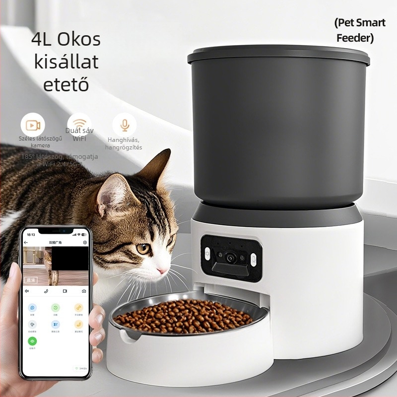Okos automata etető macskáknak és kutyáknak, 4L kapacitás, időzített adagolás, távoli megfigyelés videóval és hanggal, kamera, alkalmazás