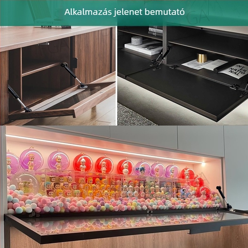 Fali televíziós szekrény üveges ajtóval, vékony alumínium kerettel és alsó billenő ajtóval, gázrugós mechanizmussal.