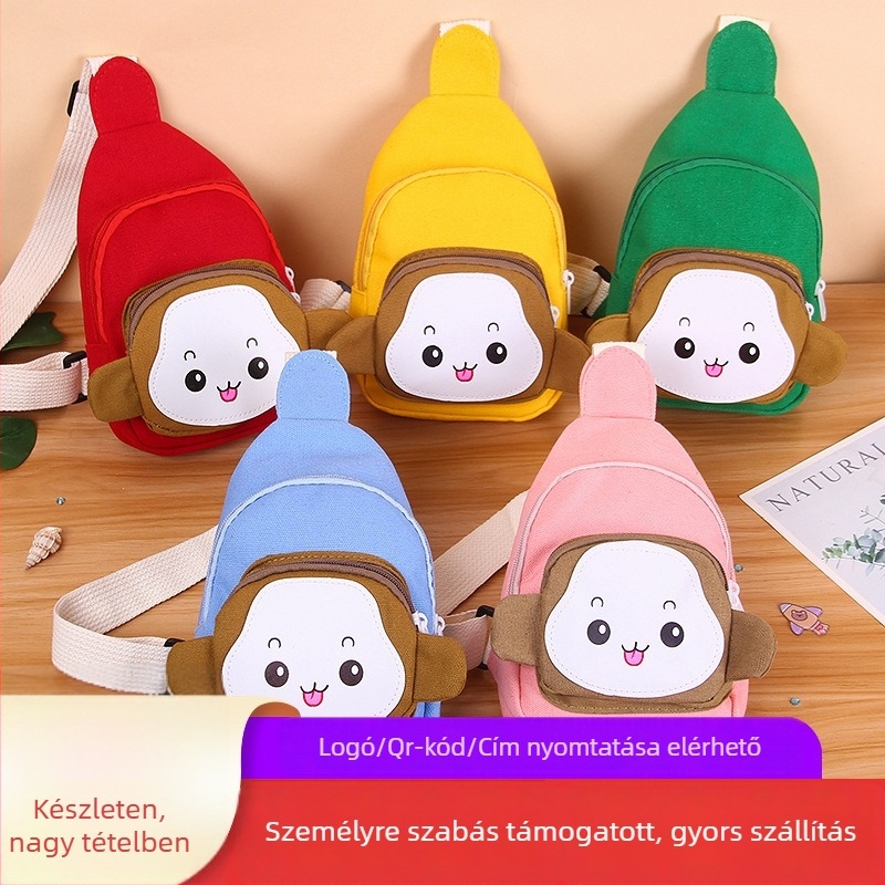 Gyerekeknek szóló keresztpántos táska – mintával kis majom, vászonból, bélés nylon, gyerekes aranyos stílus