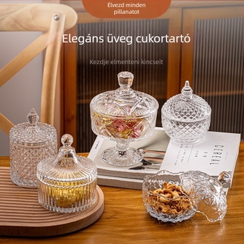 Üveg cukor tároló fedéllel – Európa-stílusú, átlátszó tárolóedény, könnyű luxus ékszerdoboz, 301–500 ml