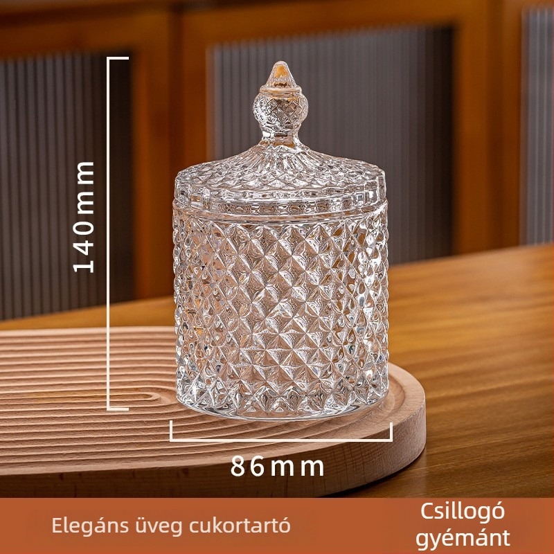 Üveg cukor tároló fedéllel – Európa-stílusú, átlátszó tárolóedény, könnyű luxus ékszerdoboz, 301–500 ml