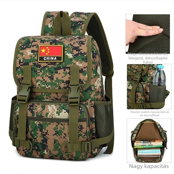 Gyerekeknek készült kültéri sport hátizsák, kamufláž mintázat, nylon anyag, modell 811, 2. osztályos gyerekeknek