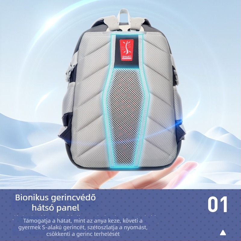 Unisex iskolatáska az 5–6. osztályos tanulók számára, nagy kapacitású, ergonomikus hátsó panel fiziológiai görbével, terheléscsökkentő kialakítás, fényvisszaverő elemek éjszakai biztonságért.