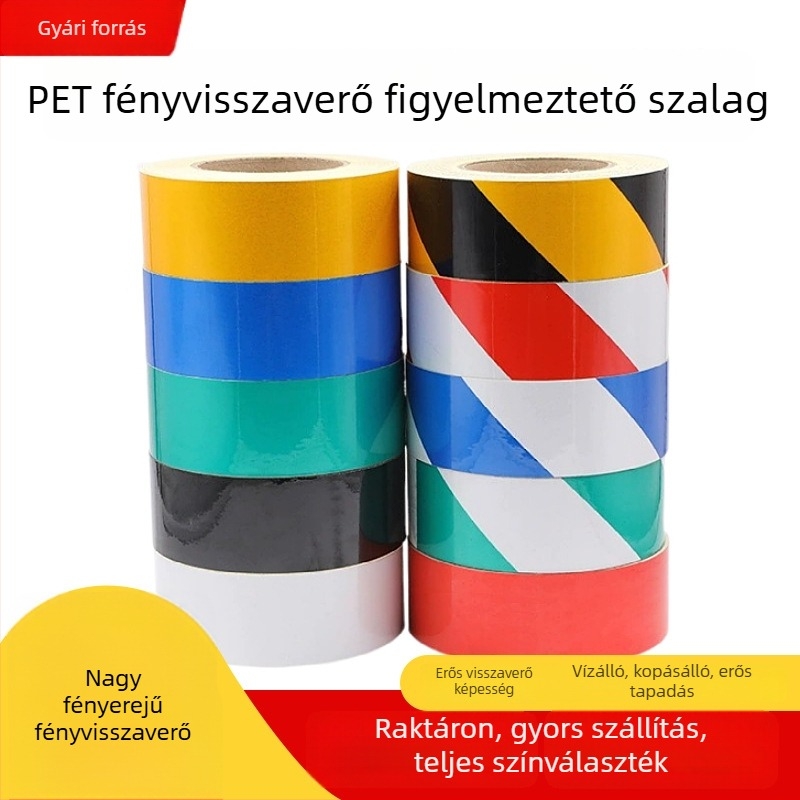 PET fényvisszaverő figyelmeztető szalag közlekedésbiztonságra, vízálló és kopásálló, piros-fehér-sárga-fekete diagonálisan mintázott.