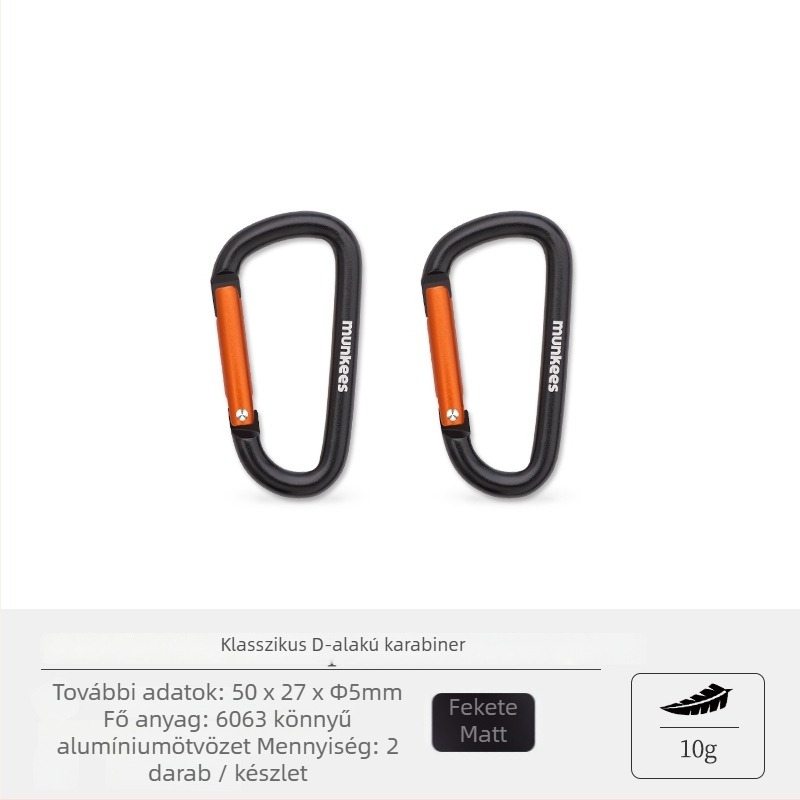 Rozsdamentes acélből készült karabiner D-formájú kampóval – mini zárócsap – többfunkciós kulcstartó kültéri hátizsákhoz | teherbírás: 60