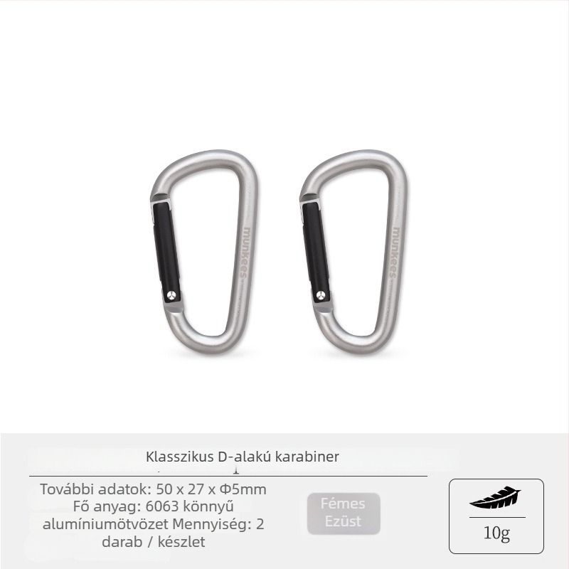 Rozsdamentes acélből készült karabiner D-formájú kampóval – mini zárócsap – többfunkciós kulcstartó kültéri hátizsákhoz | teherbírás: 60