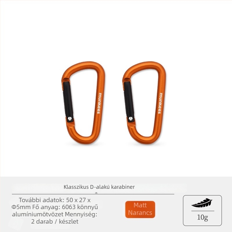 Rozsdamentes acélből készült karabiner D-formájú kampóval – mini zárócsap – többfunkciós kulcstartó kültéri hátizsákhoz | teherbírás: 60