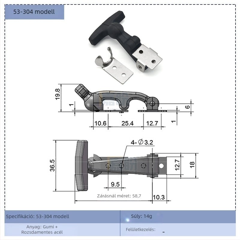 T-típusú gumírozott szerszámosláda zárókapocs KK709, anyag: gumi + szénacél, konténerekhez és elosztó dobozokhoz