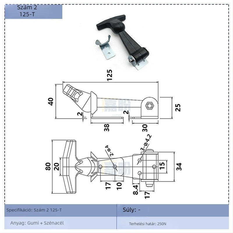 T-típusú gumírozott szerszámosláda zárókapocs KK709, anyag: gumi + szénacél, konténerekhez és elosztó dobozokhoz