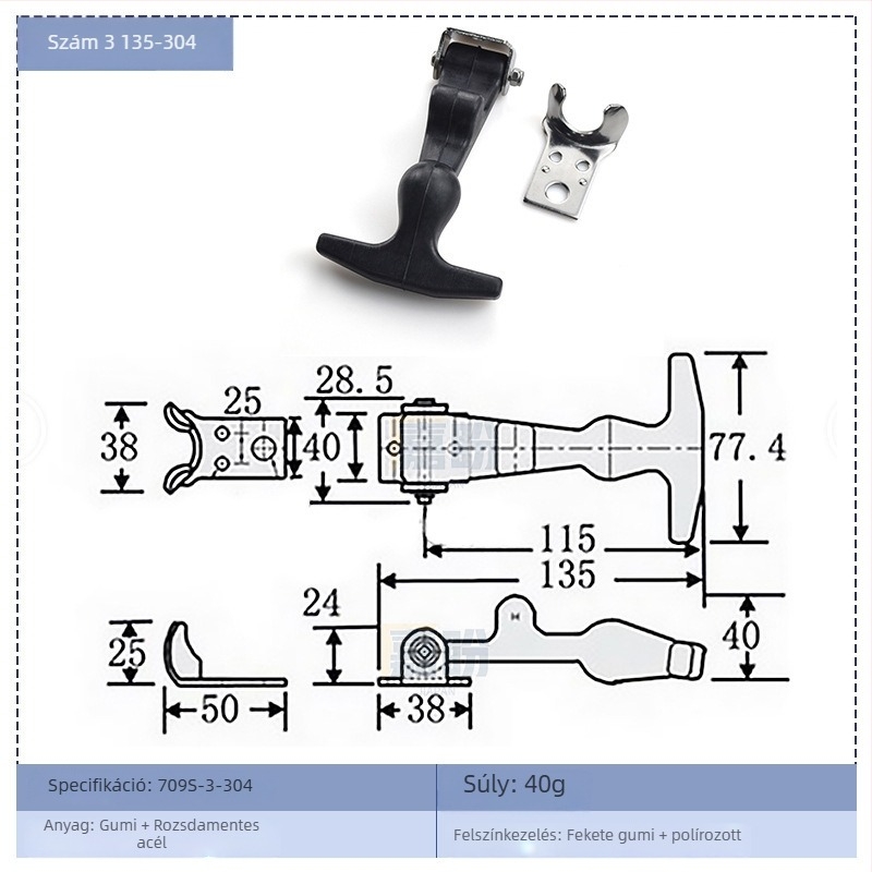 T-típusú gumírozott szerszámosláda zárókapocs KK709, anyag: gumi + szénacél, konténerekhez és elosztó dobozokhoz