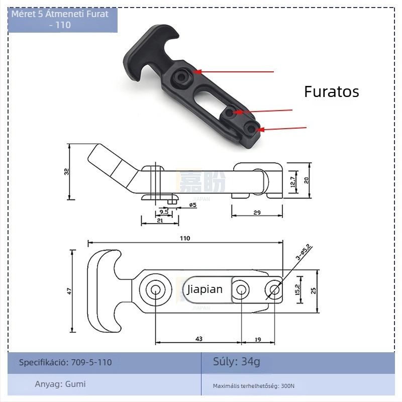 T-típusú gumírozott szerszámosláda zárókapocs KK709, anyag: gumi + szénacél, konténerekhez és elosztó dobozokhoz