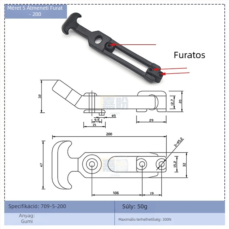 T-típusú gumírozott szerszámosláda zárókapocs KK709, anyag: gumi + szénacél, konténerekhez és elosztó dobozokhoz